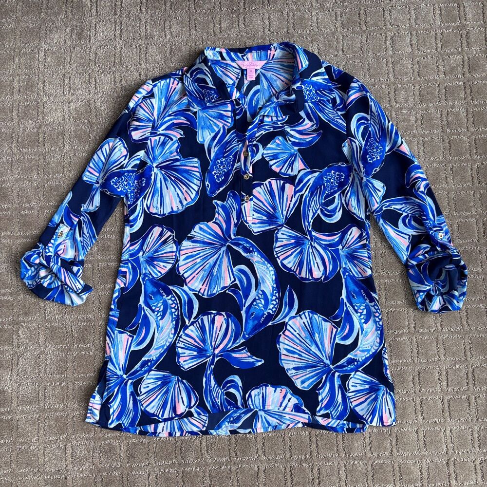 Lilly Pulitzer Everglades Blouse Women's XS Navy Blue Koi Fish Roll Tab Sleeve
